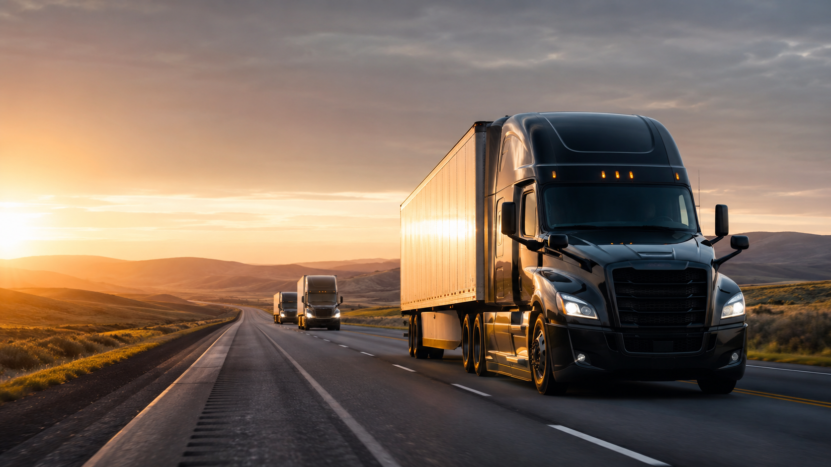Black tractor-trailer fleet traveling an interstate at sunrise